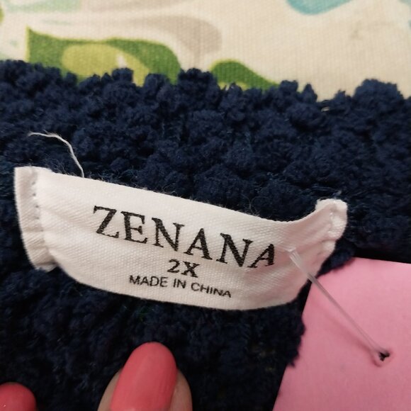 3554 2X Upcycled Zenana Navy Popcorn Texture Drop Shoulder Cardigan Sweater. - Picture 5 of 6